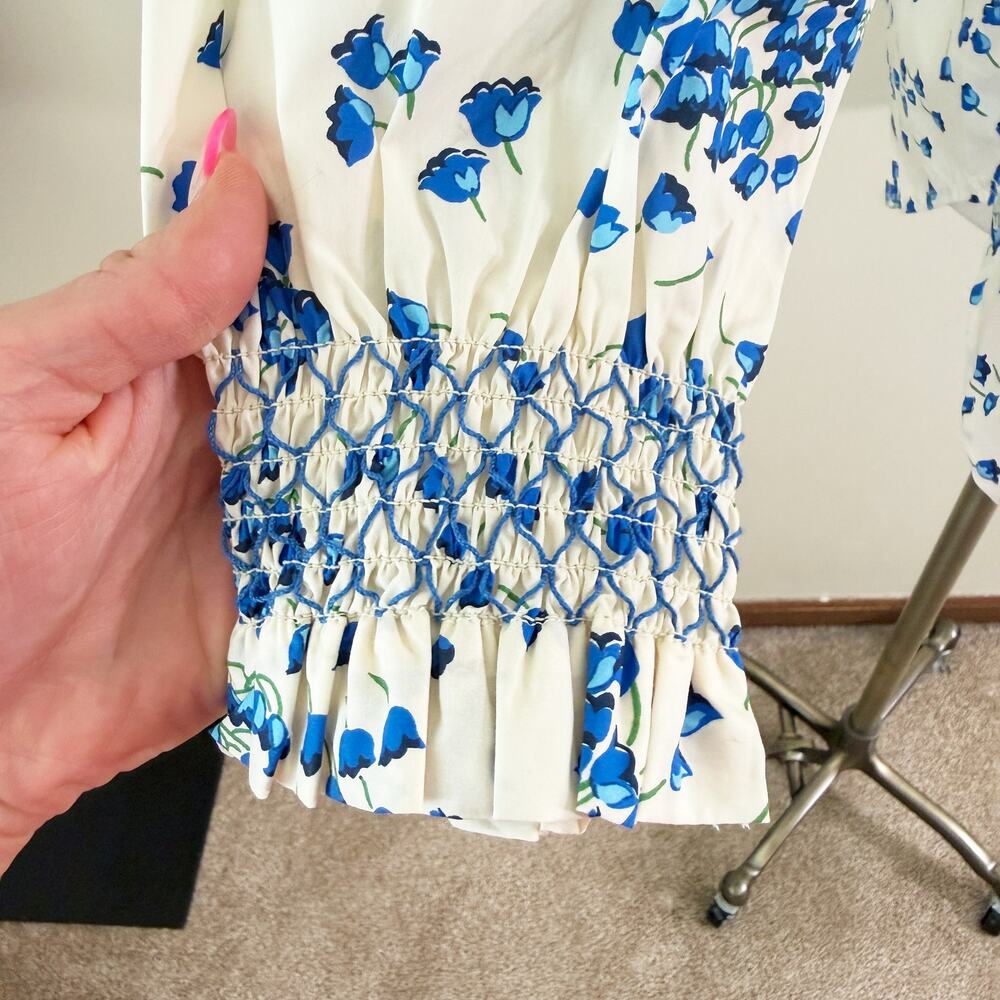 Tuckernuck Cream/Blue Floral Print Blouse Sz S 100% Cotton High Neck Long Sleeve - Picture 3 of 8